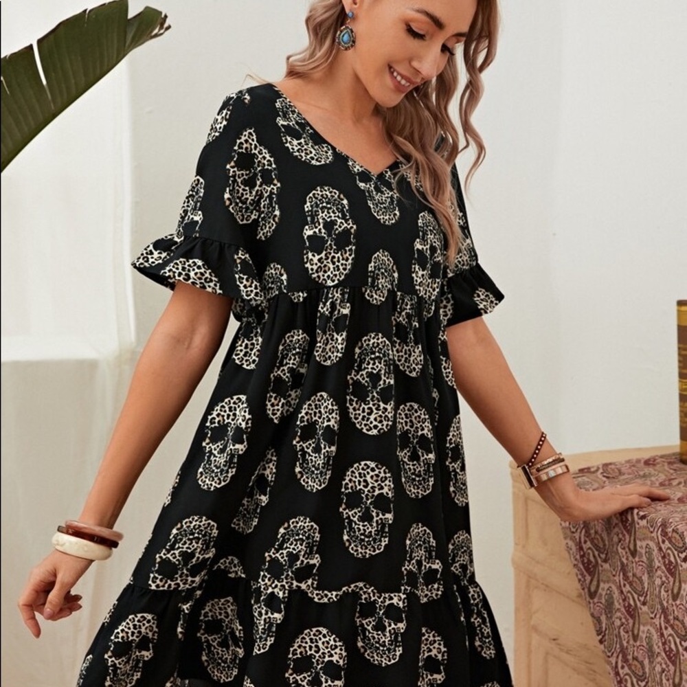 Emery Rise Leopard Skull Print Smock Dress Size Medium